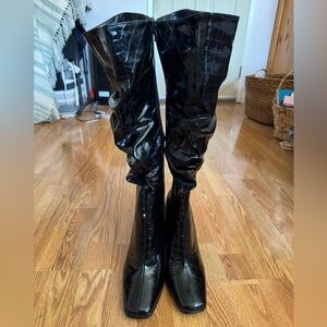 Pretty Little Thing black Black croc design boots with heel